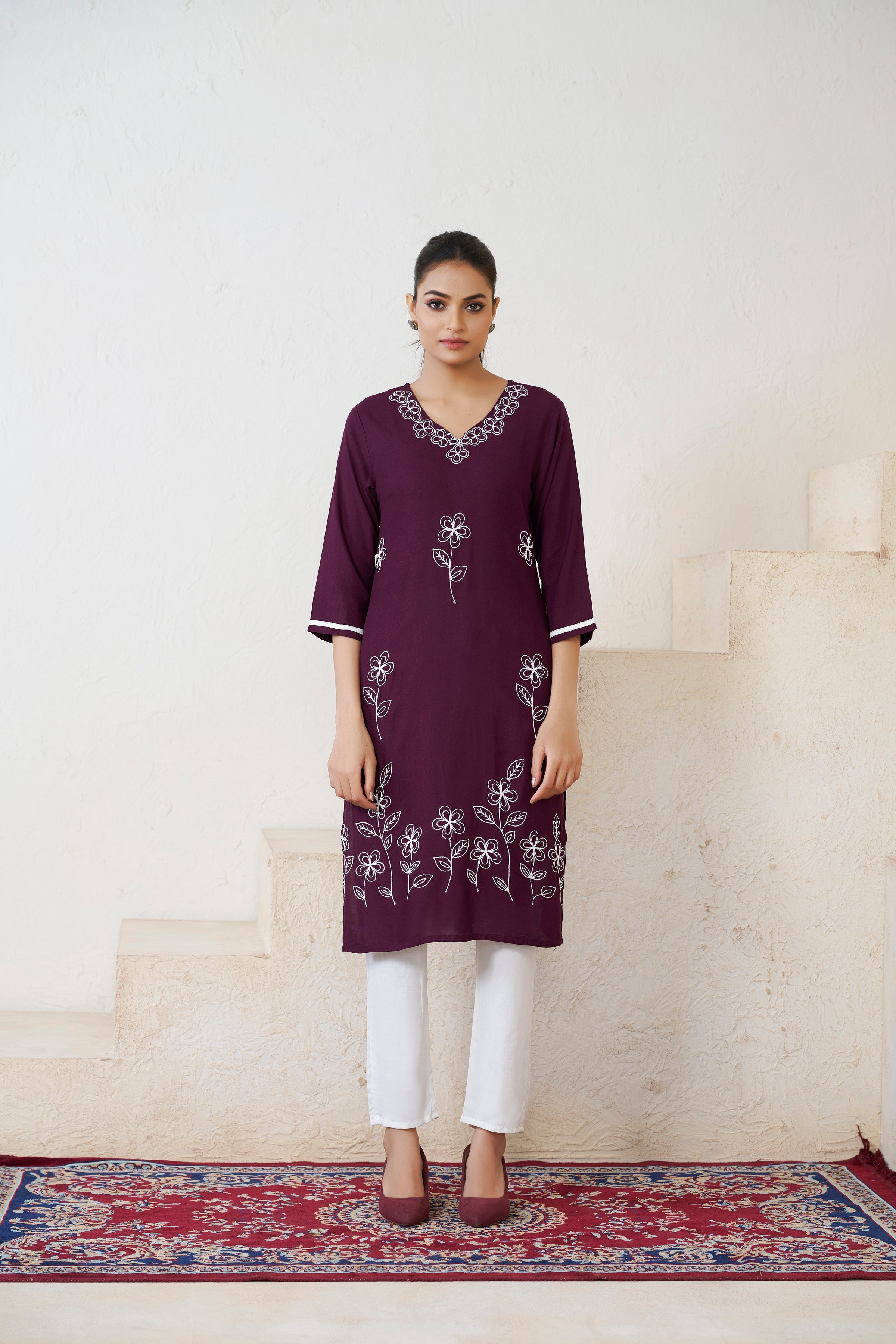 Wine Viscose Rayon Kurti with Thread Work and 3/4 Sleeves with Stylish Neckline